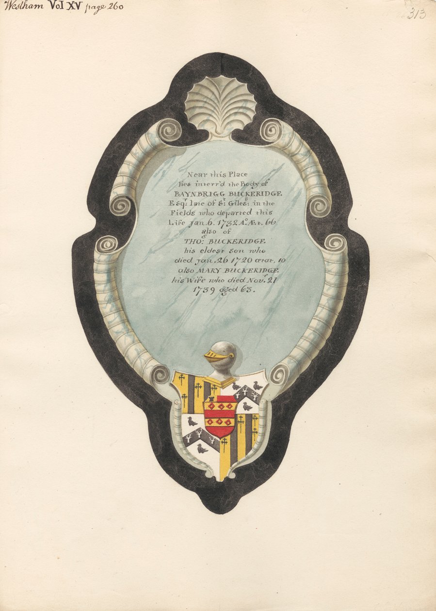 Memorial to Baybrigg Buckeridge, his wife Mary, and his son, Thomas from West Ham Church by Daniel Lysons