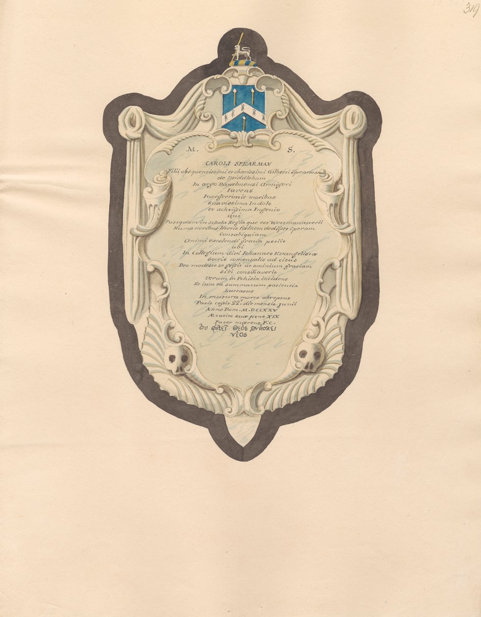 Memorial to Caroli Spearman, from West Ham Church by Daniel Lysons