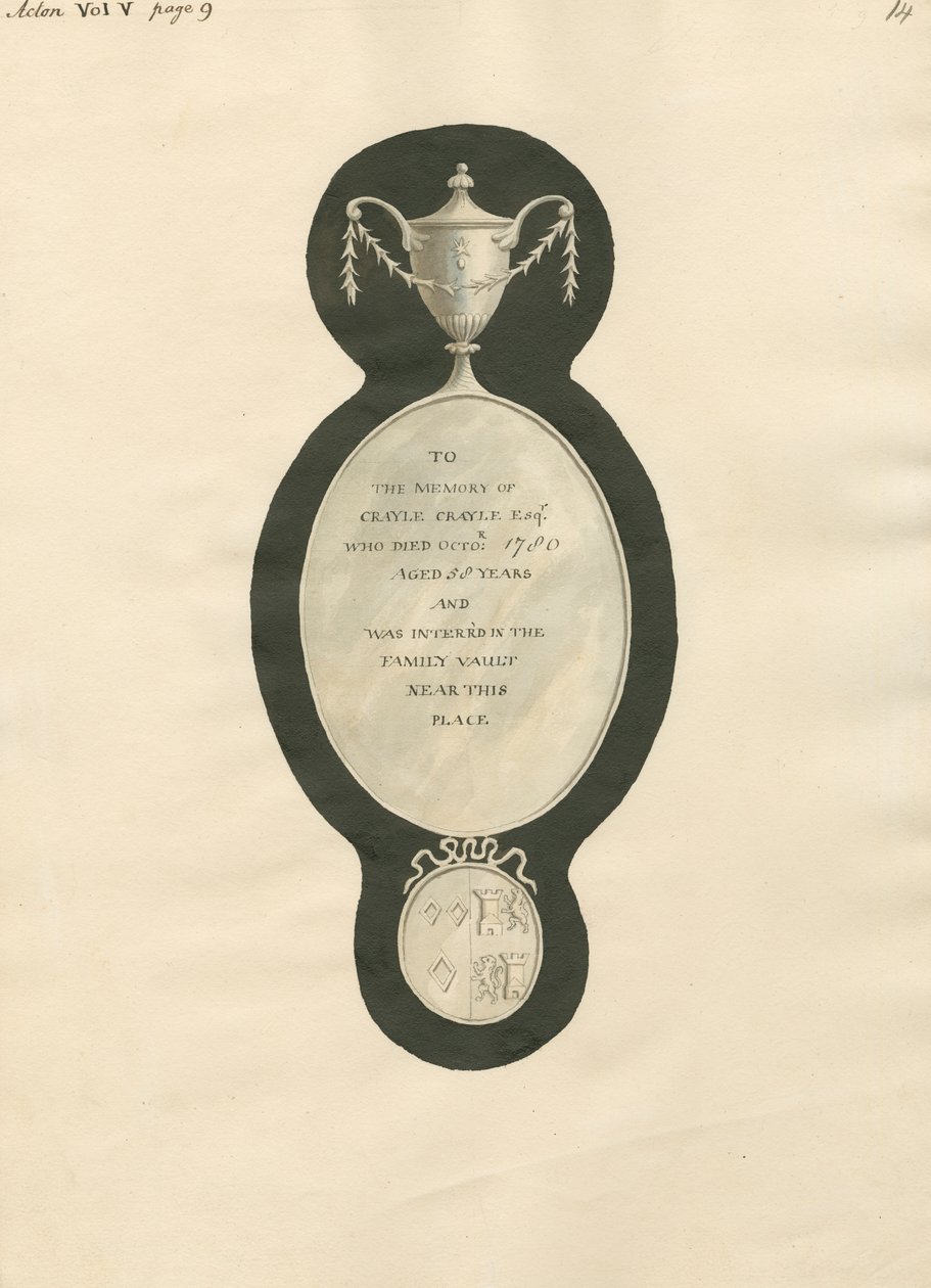 Memorial to Crayle Cayle from Acton Church by Daniel Lysons