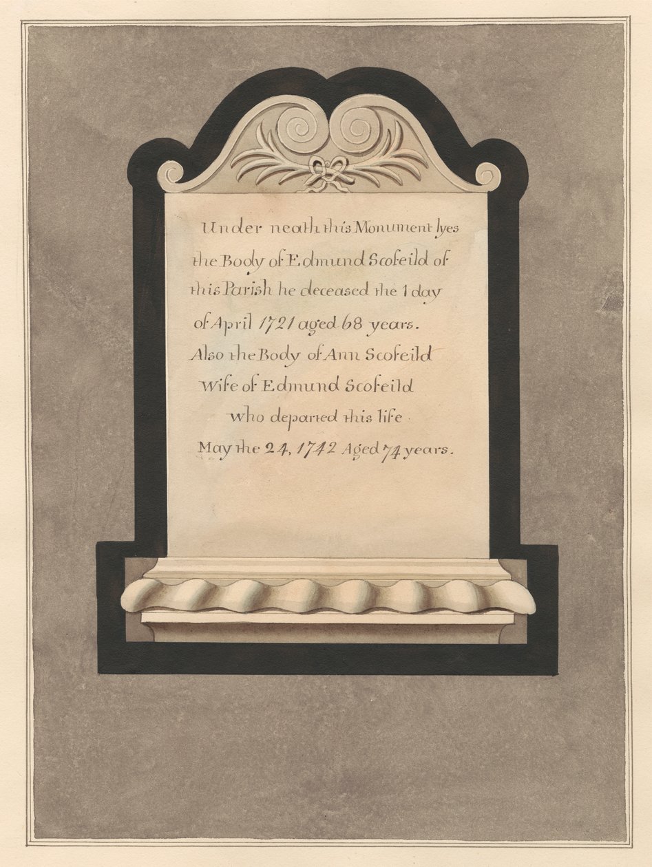 Memorial to Edmund Scofield and his wife Ann from Cowley Church by Daniel Lysons