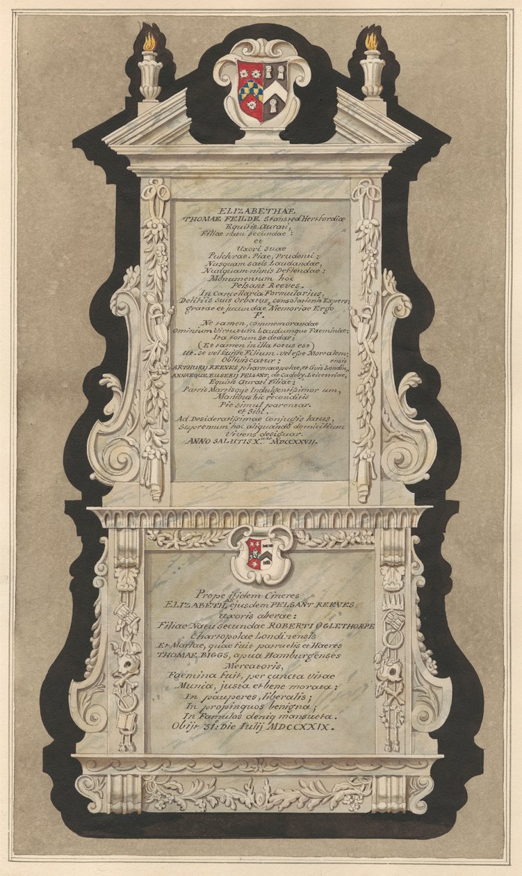Memorial to Elizabeth Field and Elizabeth Reeves from Cranford Church by Daniel Lysons