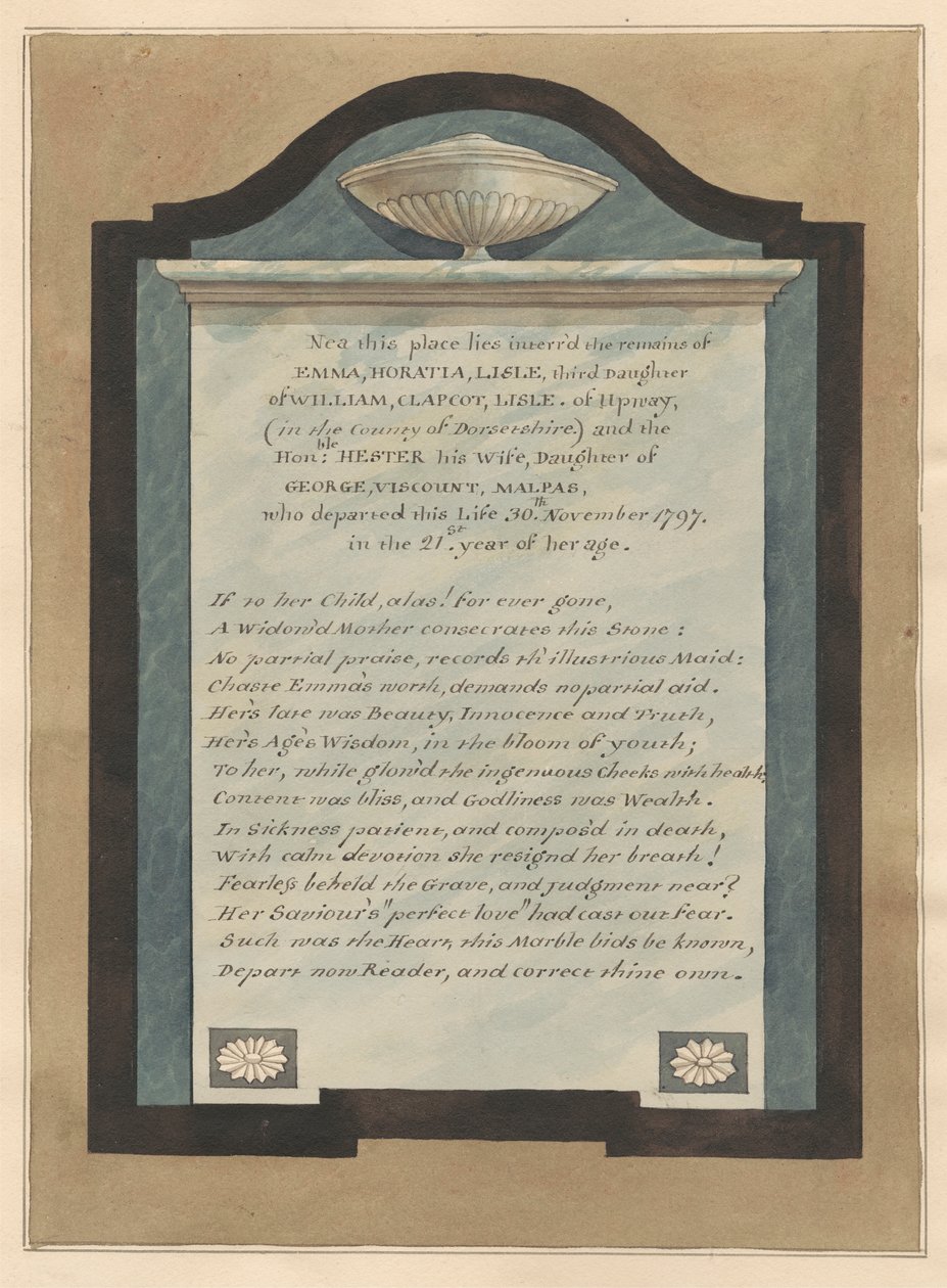 Memorial to Emma Horatia Lisle from Hampton Church by Daniel Lysons