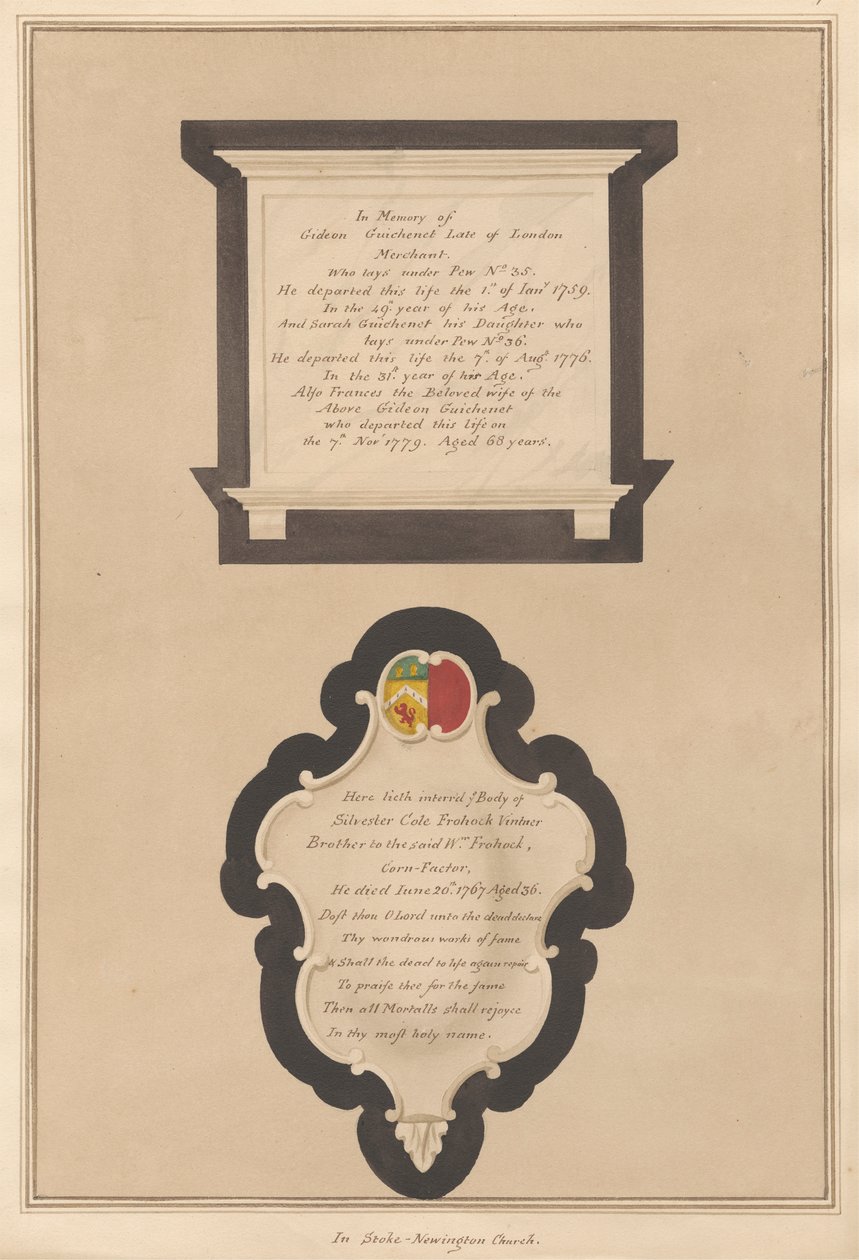 Memorial to Gideon and Frances Guichenet and their Daughter Sarah also to Silvester Cote by Daniel Lysons