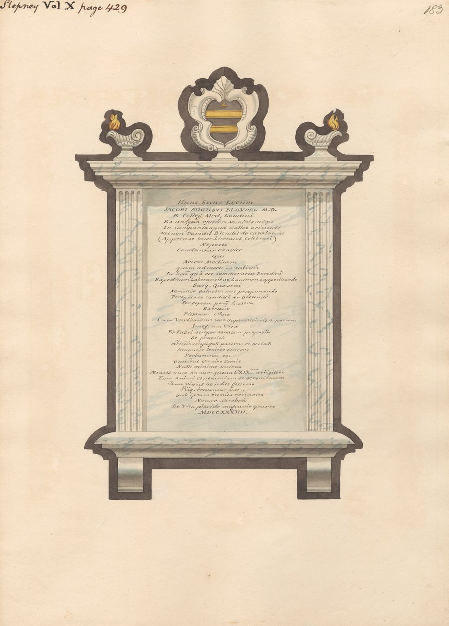 Memorial to Jacob Augustus Blondel from Stepney Church by Daniel Lysons