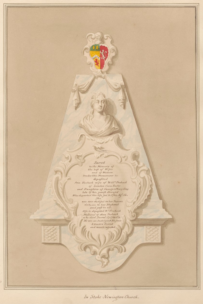 Memorial to William and Ann Frohock from Stoke Newington Church by Daniel Lysons