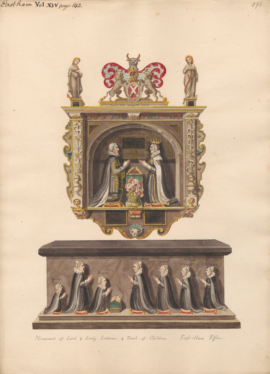 Memorial to Lord and Lady Latimer and Tomb of the Children Ralph, Katherin, Ralph, Dorothye, Jane, Margaret and Anne from East Ham Church by Daniel Lysons