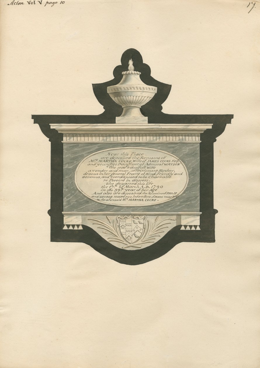 Memorial to Martha, Philip and George Joseph Cocks from Acton Church by Daniel Lysons