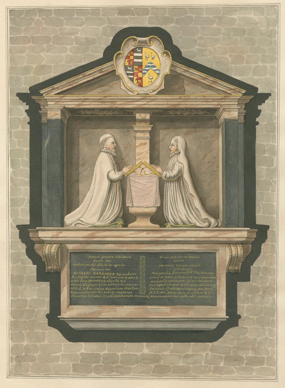 Memorial to Michael Gardiner and Margarita Browne from Greenford Church by Daniel Lysons