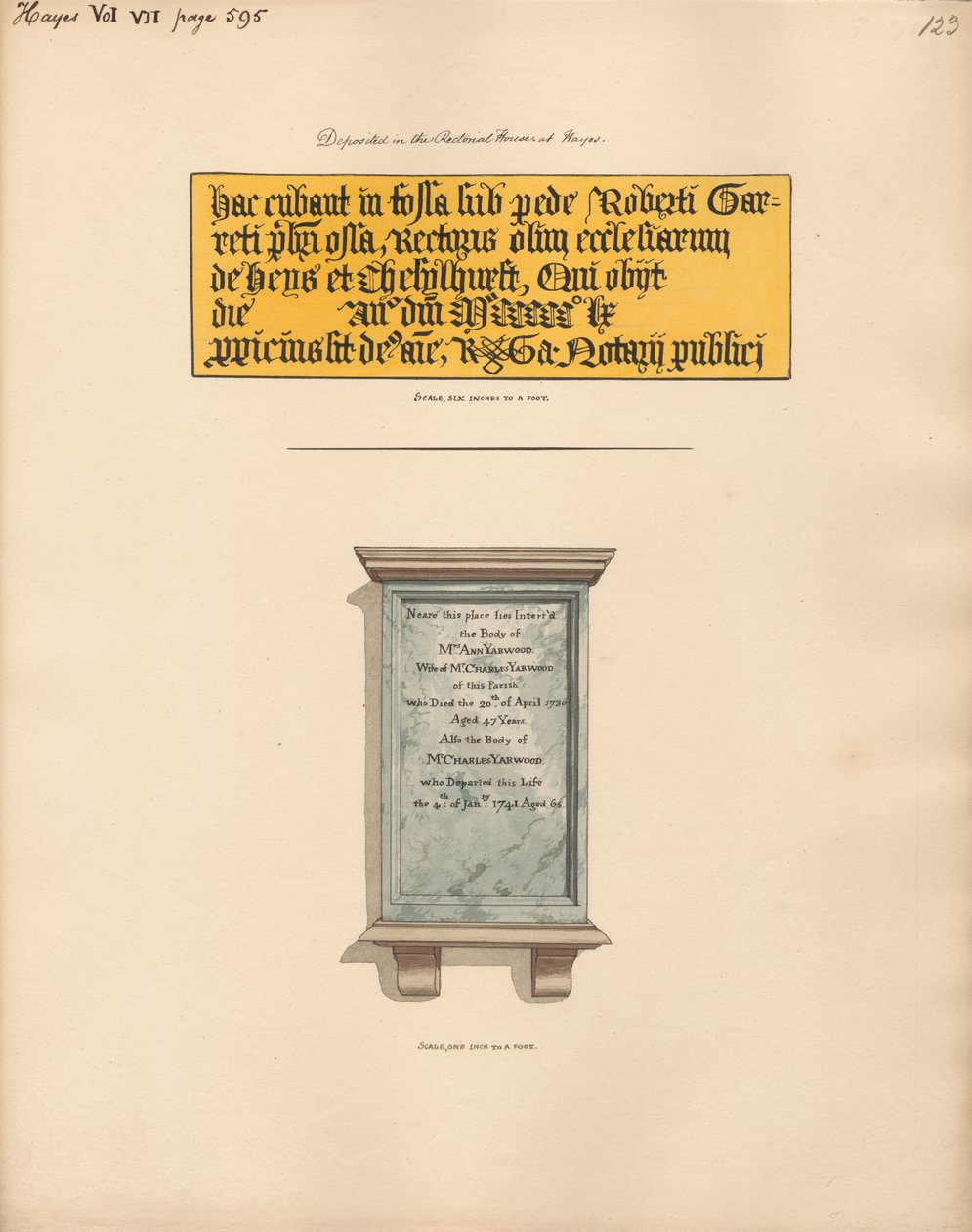Memorial to Mr. Charles and Mrs. Anne Yarwood from Hayes Church by Daniel Lysons