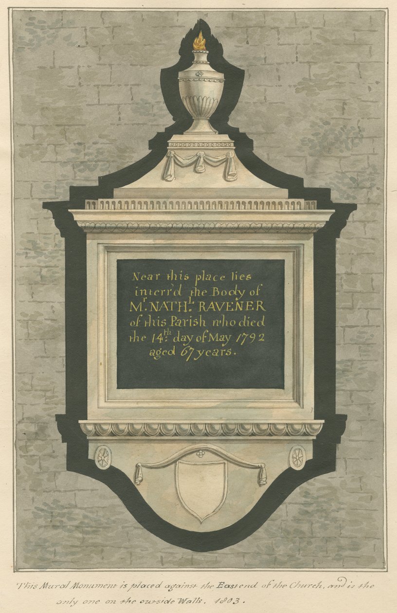 Memorial to Mr. Nathaniel Ravener from Greenford Church by Daniel Lysons