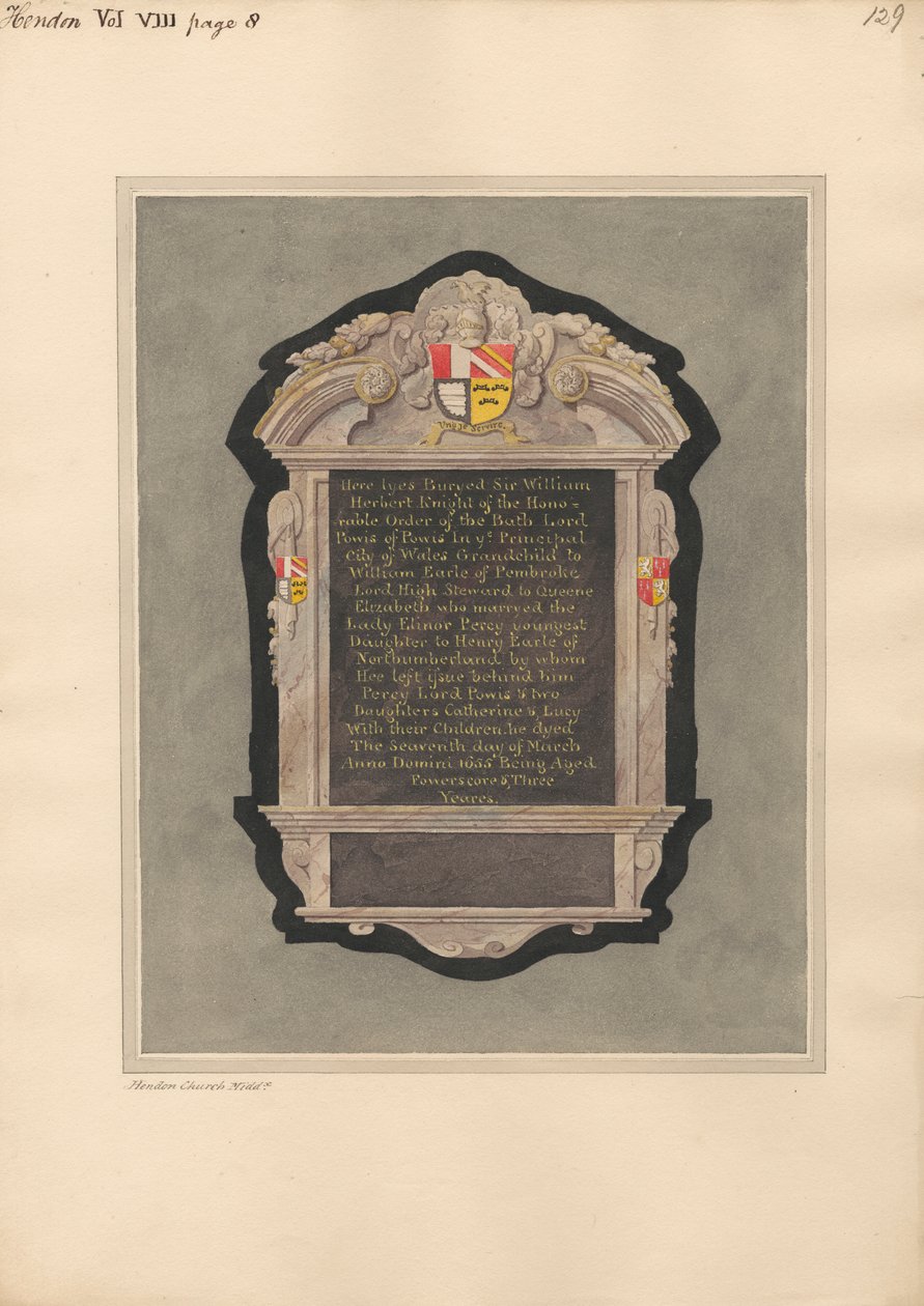 Memorial to Sir William Herbert from Hendon Church by Daniel Lysons