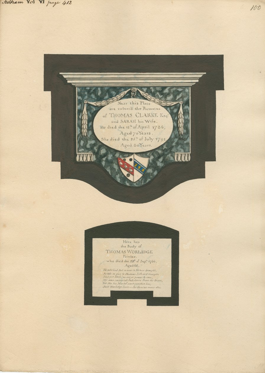 Memorial to Thomas Clarke and wife Sarah and Thomas Worlidge from Fulham Church by Daniel Lysons