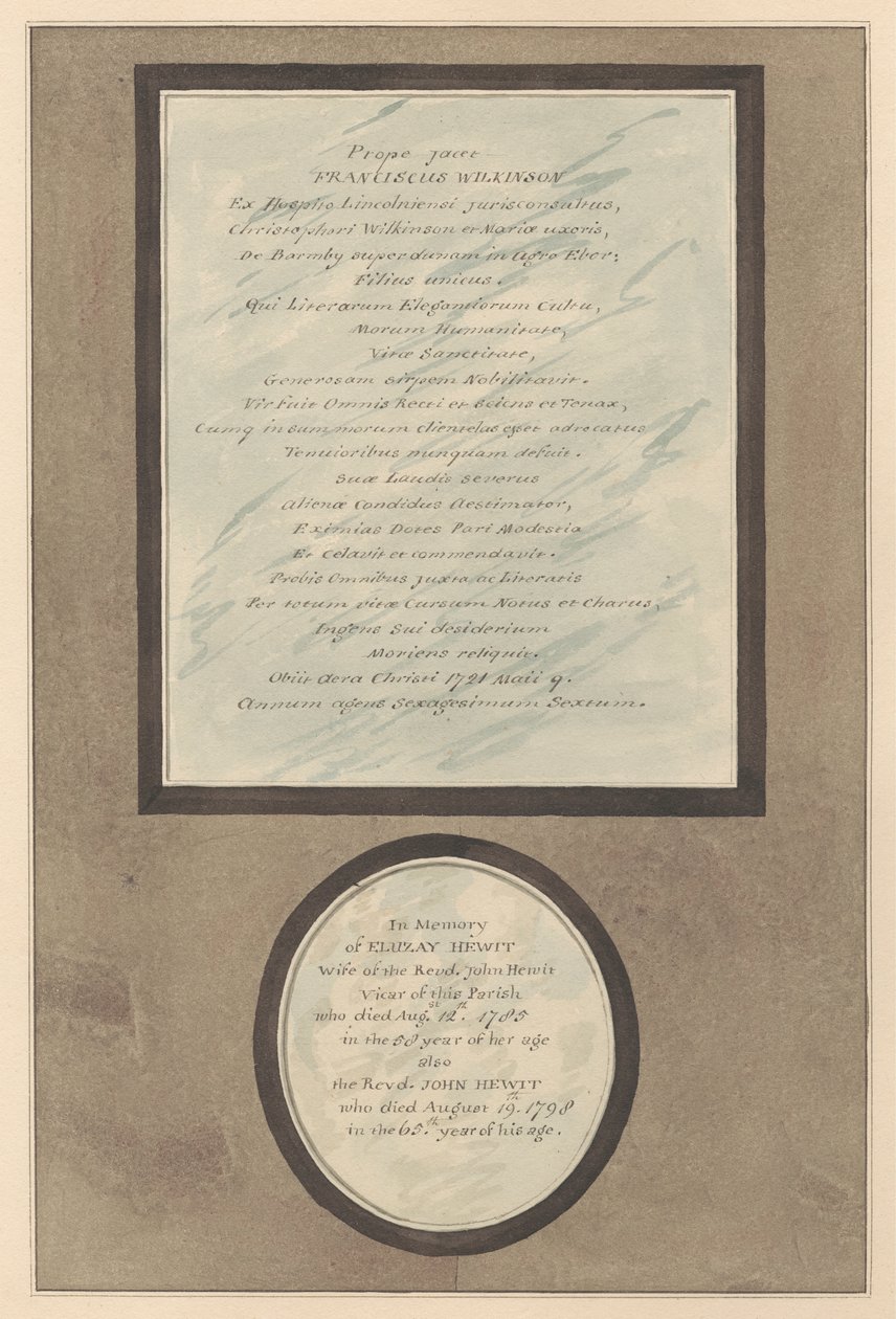 Memorials to Francis Wilkson and John and Eluzay Hewitt from Feltham Church by Daniel Lysons