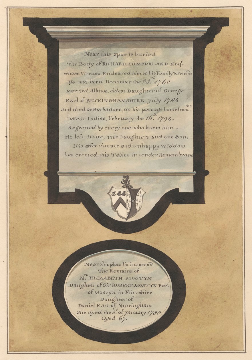 Memorials to Richard Cumberland and Mrs. Elizabeth Mosteyn from Hampton Church by Daniel Lysons