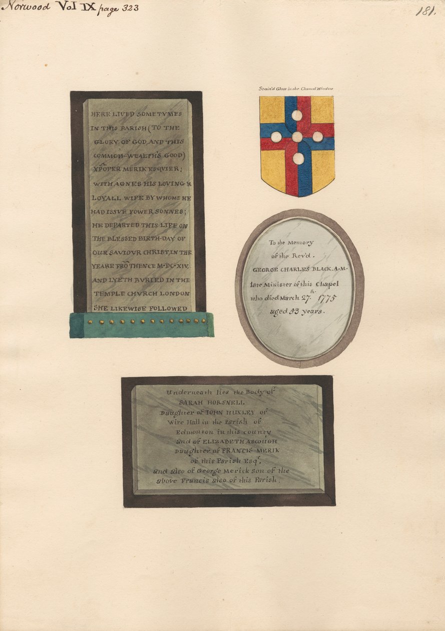 Memorials to Christopher and Agnes Merick, George Charles Black, and Sarah Horsnell, Elizabeth Ascough, and George Merick by Daniel Lysons