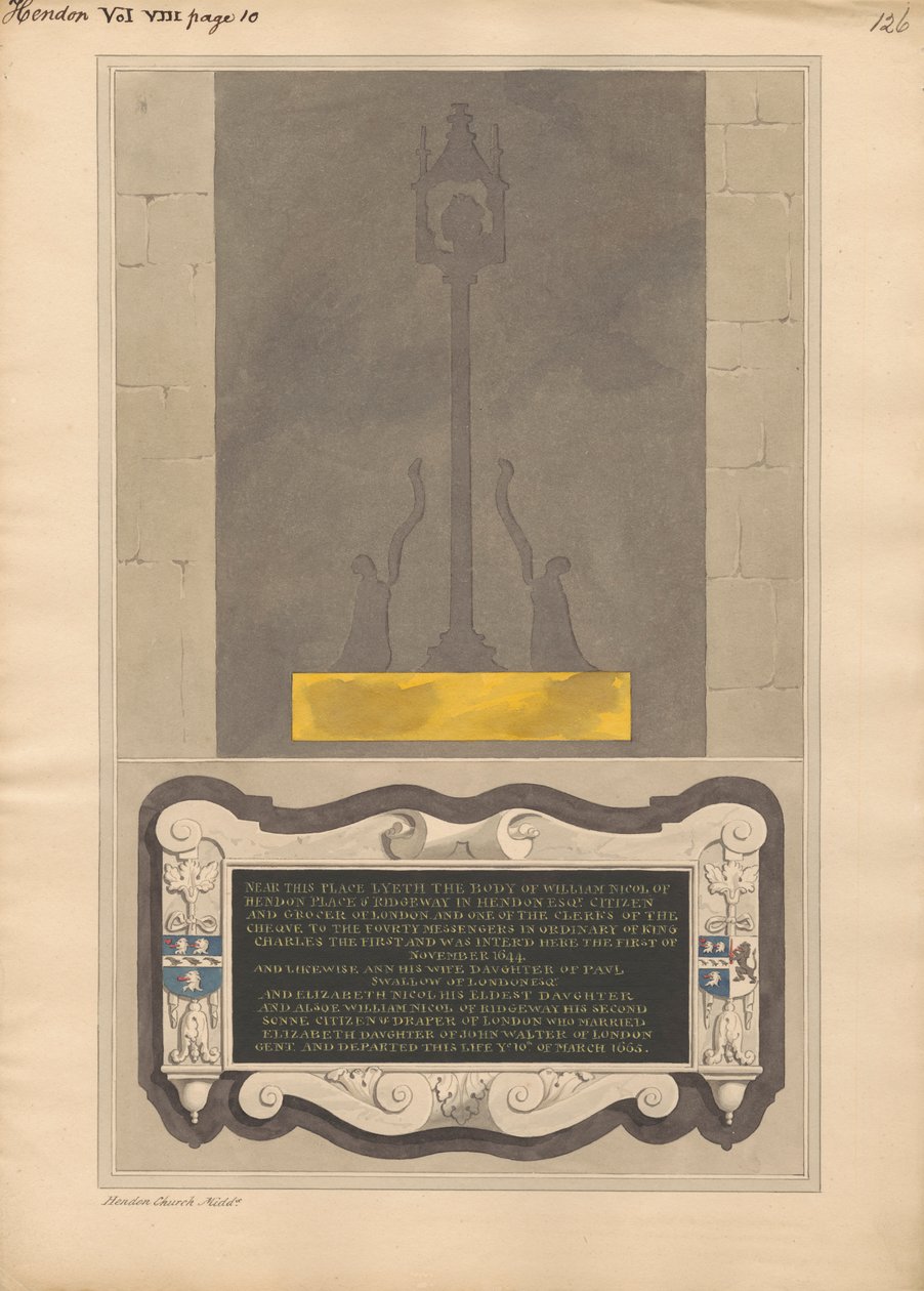 Remains of Brass Plate and Memorial to William Nicol and Ann his Wife and Elizabeth his Daughter and William his Son of Hendon Church by Daniel Lysons