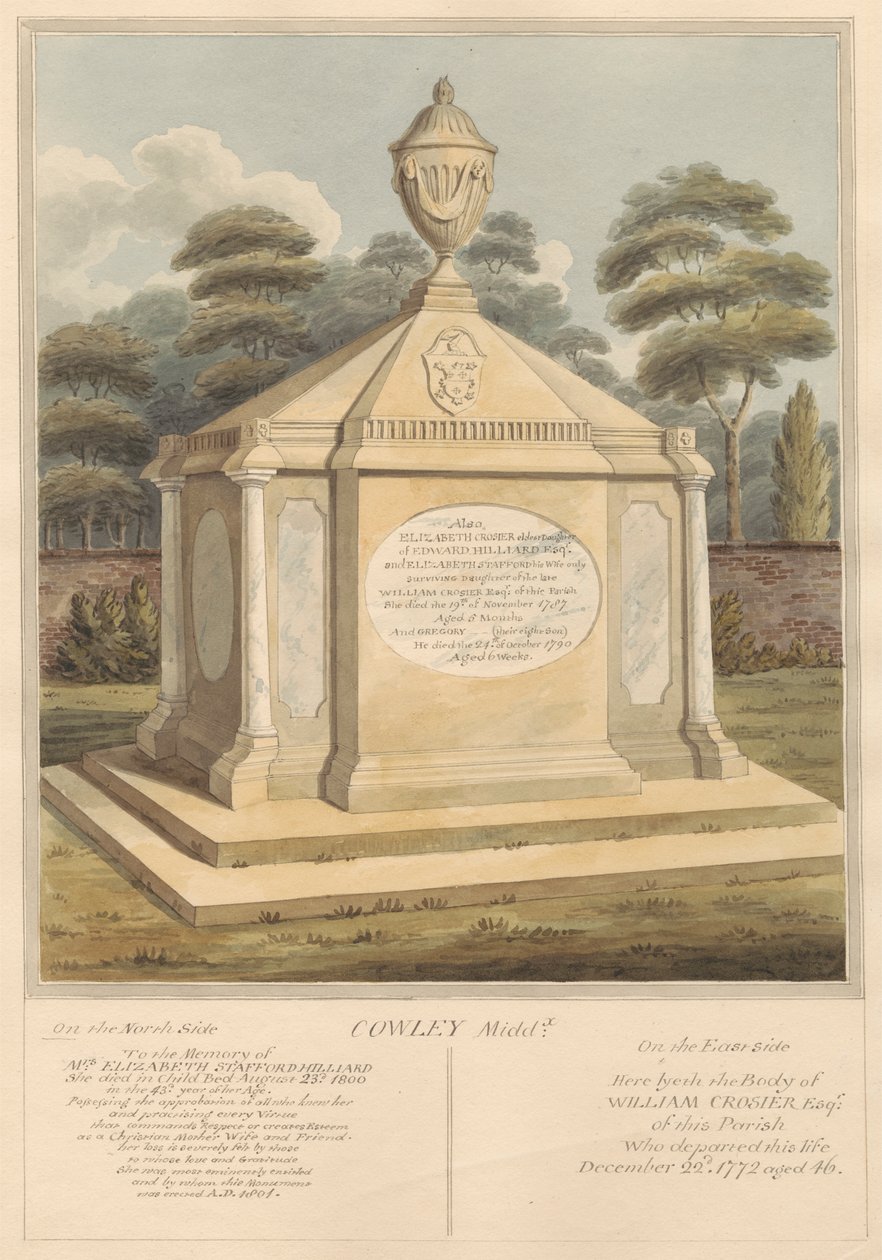 Tomb of Mrs. Elizabeth Stafford Hilliard, Elizabeth Grosier, Gregory Grosier and William Grosier by Daniel Lysons