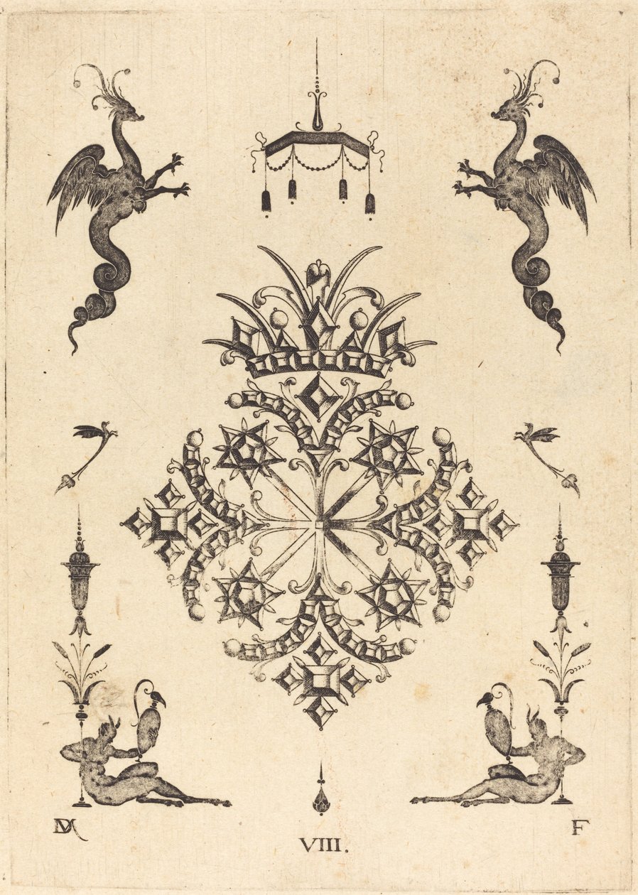 Brooch with Fantasy Animals at Top and Fauns with Vases at Bottom by Daniel Mignot
