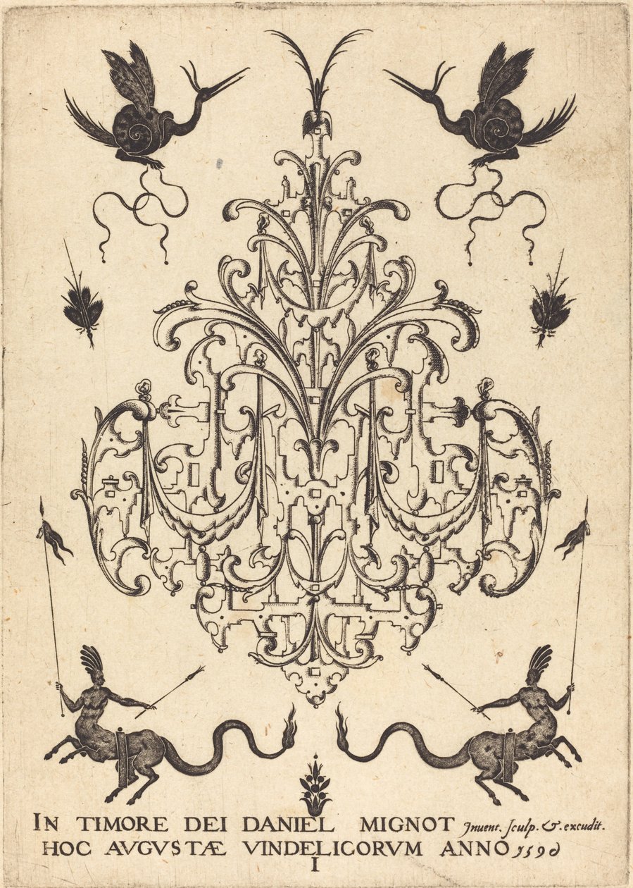 Title Page: Brooch, Snail-like Animals Above, Centaurs with Banners at Bottom by Daniel Mignot