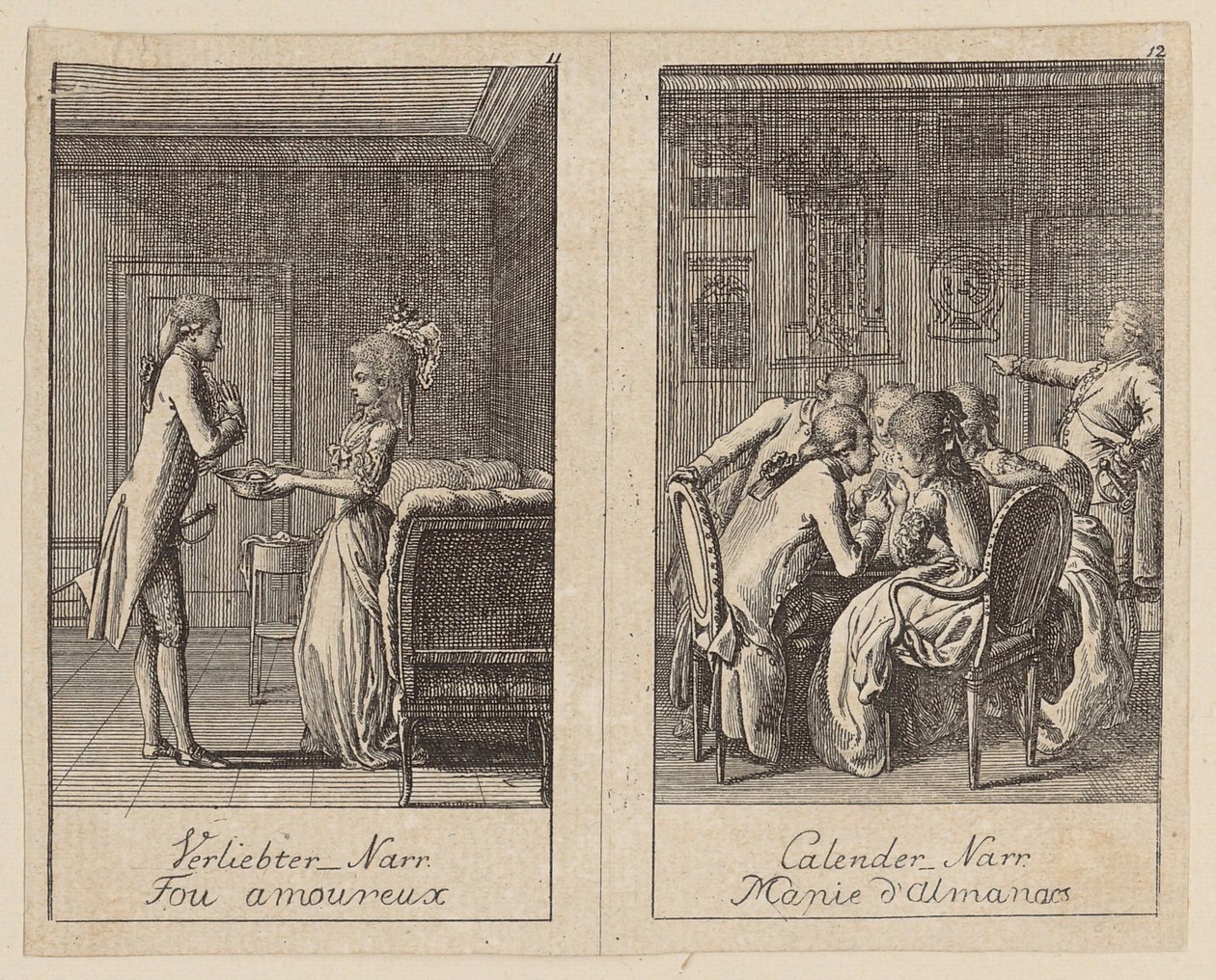 Sheets 11 and 12 for Centifolium Stultorum, Follies by Daniel Nikolaus Chodowiecki