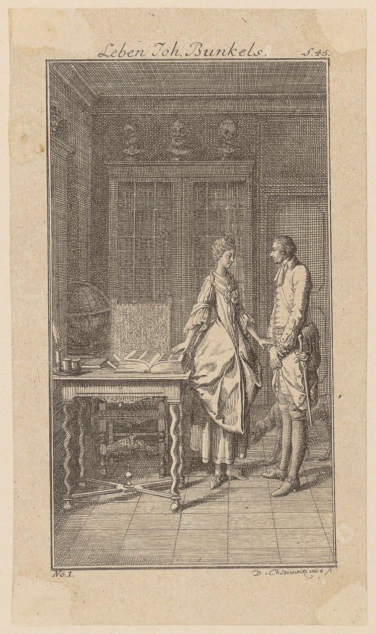 Bunkel in Miss Henriette Noels Library, Sheet 1 from "Life Remarks and Opinions of Johann Bunkel" by Daniel Nikolaus Chodowiecki