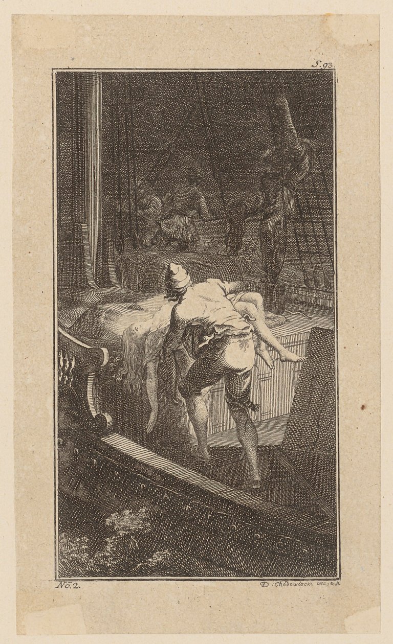 Bunkel Carries Miss Melmoth from the Flooded Cabin to the Deck, Sheet 2 from "Life Remarks and Opinions of Johann Bunkel" by Daniel Nikolaus Chodowiecki
