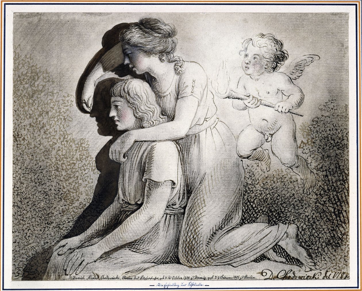 The Invention of Drawing: A Girl Draws, Encouraged by Cupid, the Silhouette of a Young Man Sitting to Her Left on the Wall by Daniel Nikolaus Chodowiecki