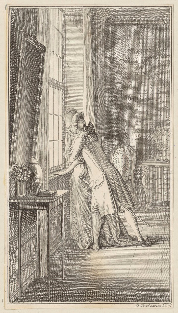Ferdiner Embraces Elise at the Window by Daniel Nikolaus Chodowiecki