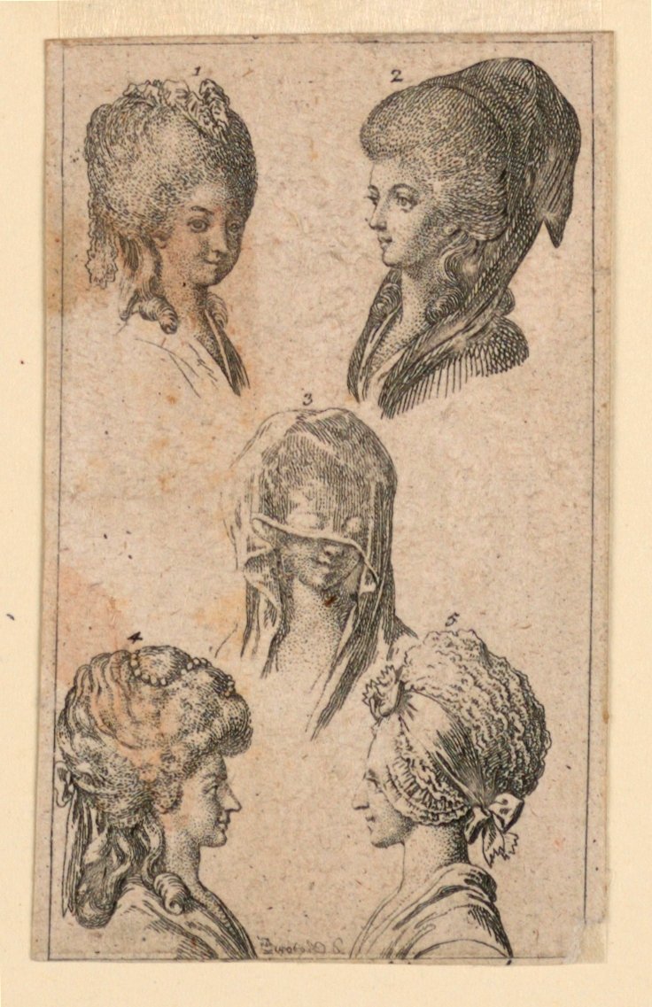 Five Headgears, as Worn by Berlin Women, Illustration for "Königl: Grosbrit [anische] Genealogischer Kalender auf das 1782 Jahr Lauenberg bey J.G. Berenberg" by Daniel Nikolaus Chodowiecki