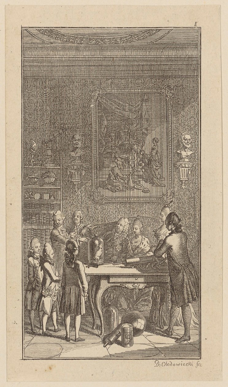 Teacher Conducting Experiments with an Air Pump on a Rabbit in a Room by Daniel Nikolaus Chodowiecki