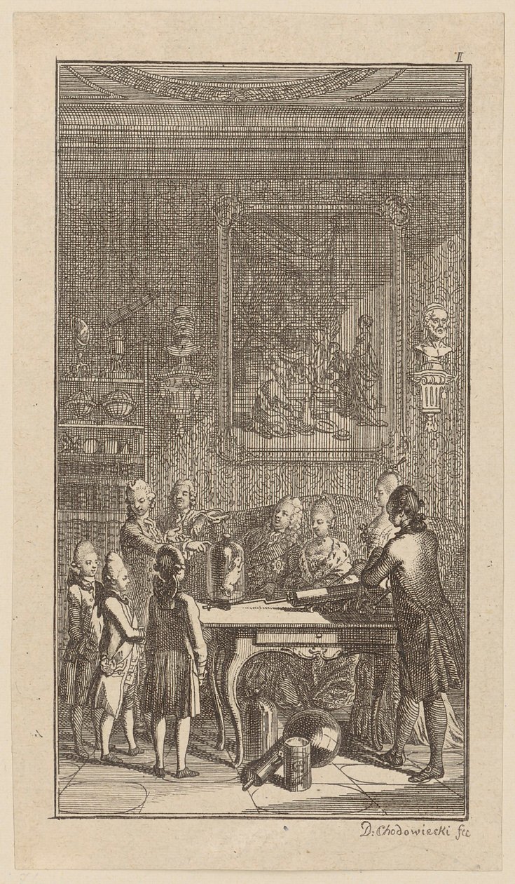 Teacher Conducting Experiments with an Air Pump on a Rabbit in a Room by Daniel Nikolaus Chodowiecki