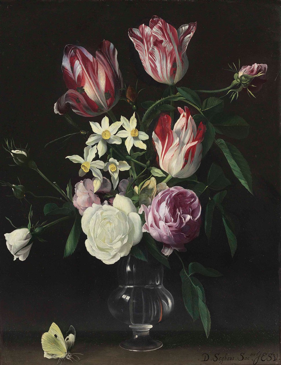 Roses, tulips, and narcissi in a glass vase, with a butterfly, on a ledge by Daniel Seghers