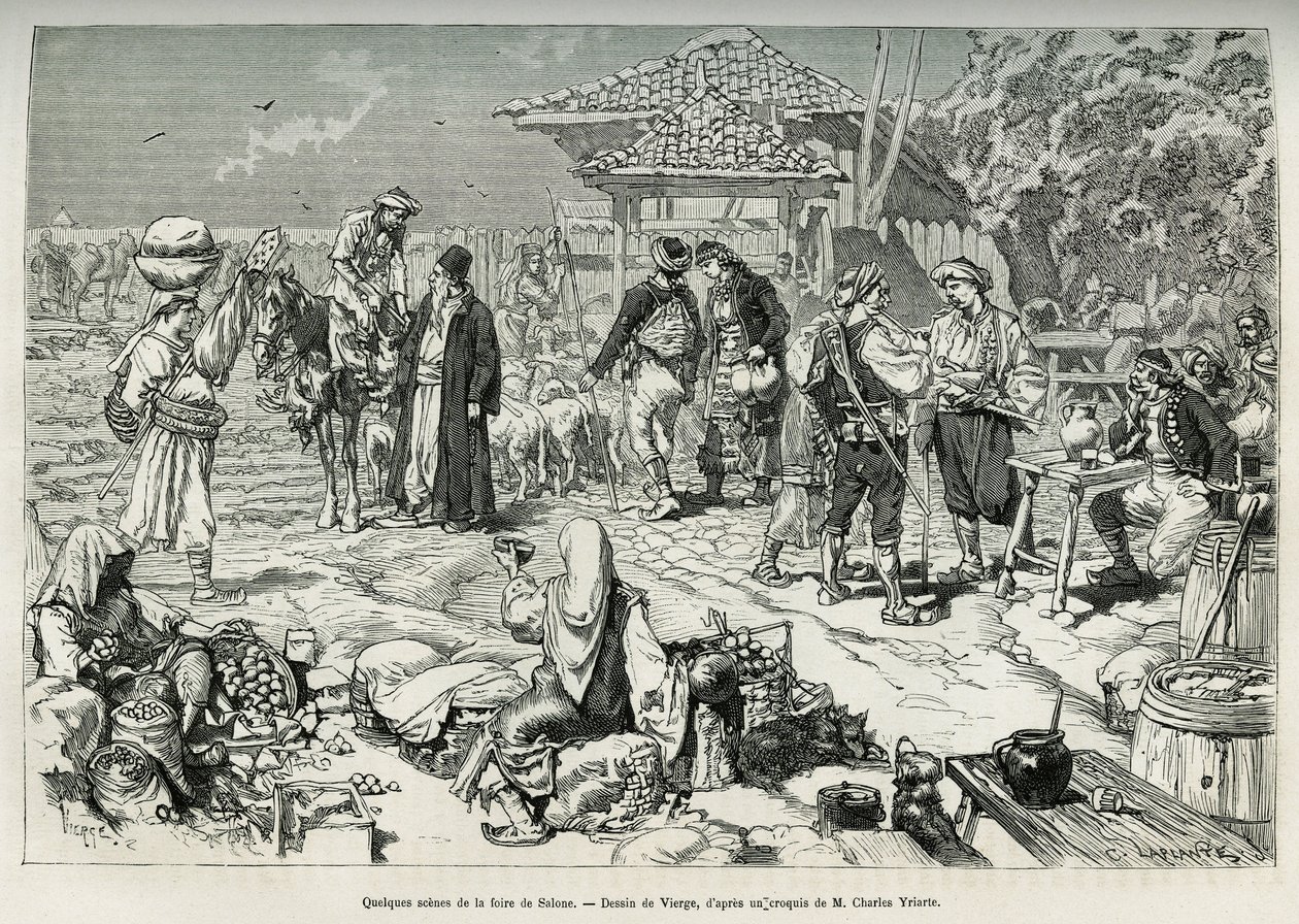 Some common scenes from the Salone fair (Croatia), sale of fruits, vegetables, poultry and lambs, as well as tables set up for desaltering. Engraving after the drawing of Virgo, to illustrate the voyage to Dalmatia, by Charles Yriarte, in 1874, published i by Daniel Urrabieta Vierge