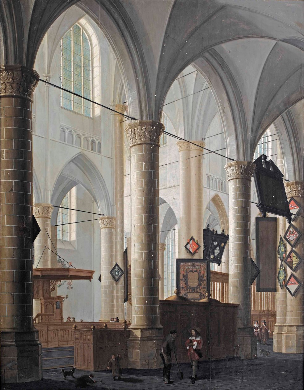 The interior of the Grote Kerk in Dordrecht, with figures conversing and children playing by Daniel de Blieck