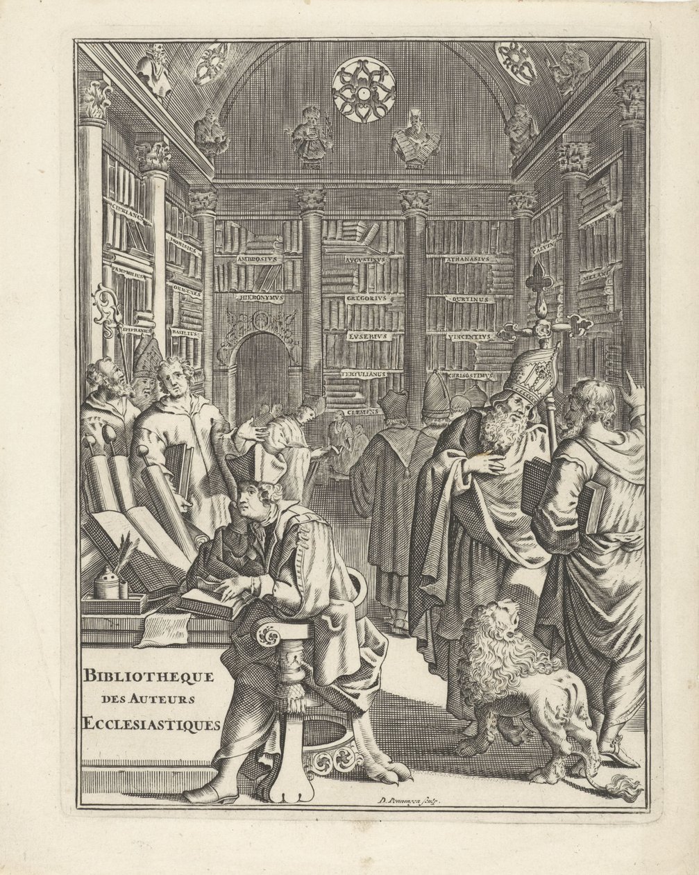 Library Interior with Clerics Title Page for: Bibliotheque des Auteurs Ecclesiastiques, No Date by Daniël met de Penningen