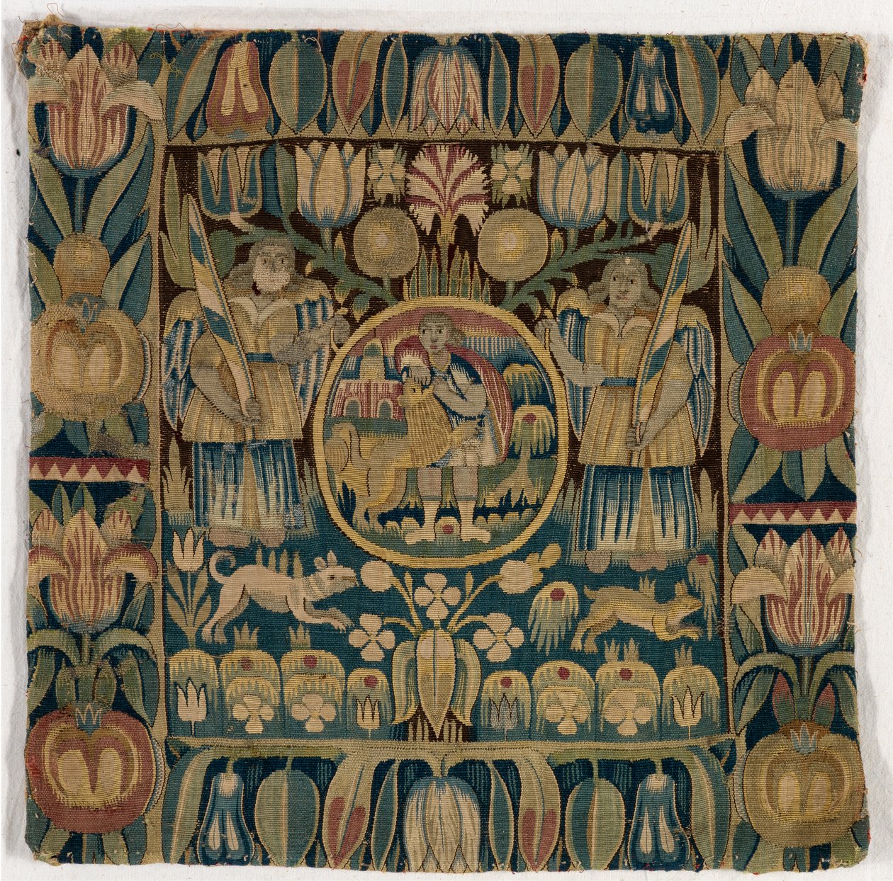 Tapestry cushion cover depicting Samson Slaying the Lion by Danish School