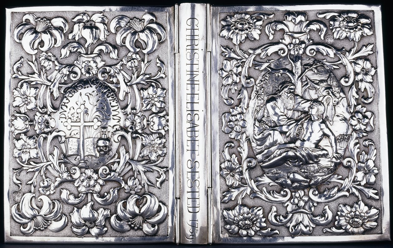 Upper and Lower Book Cover with Foliage and an Image of the Good Samaritan by Danish School