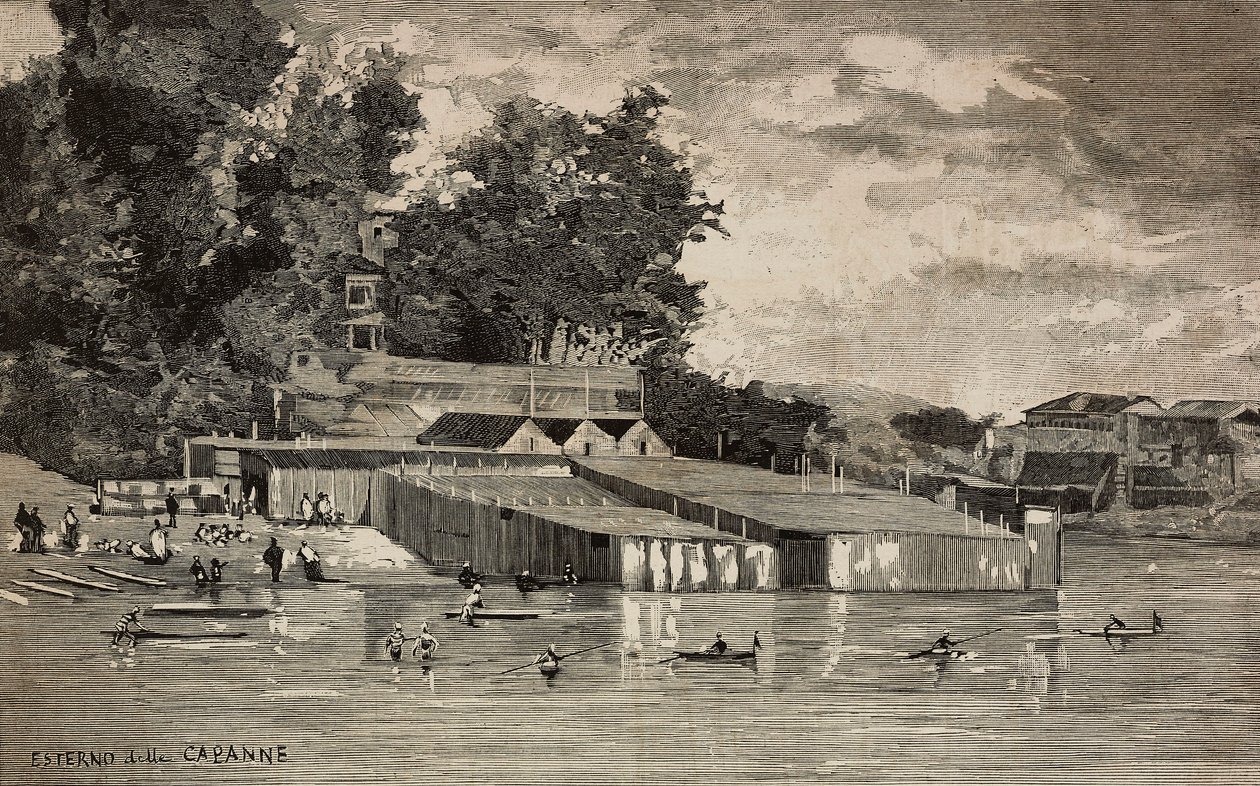 Bathing Establishment, Public Baths of Tiber in Rome, Italy, Engraving from Drawing by Dante Paolocci, from L