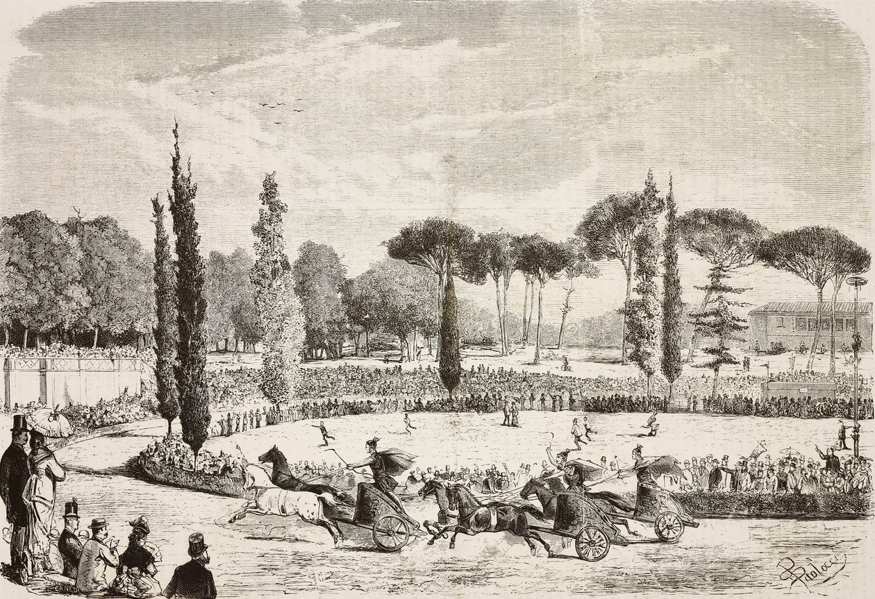 Chariot races in Villa Borghese, Rome, Italy, engraving from drawing by Dante Paolocci by Dante Paolocci