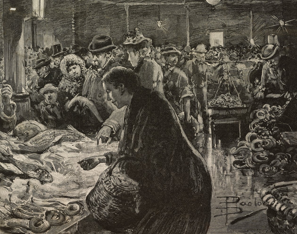 Christmas market in Rome, Italy (engraving) by Dante Paolocci