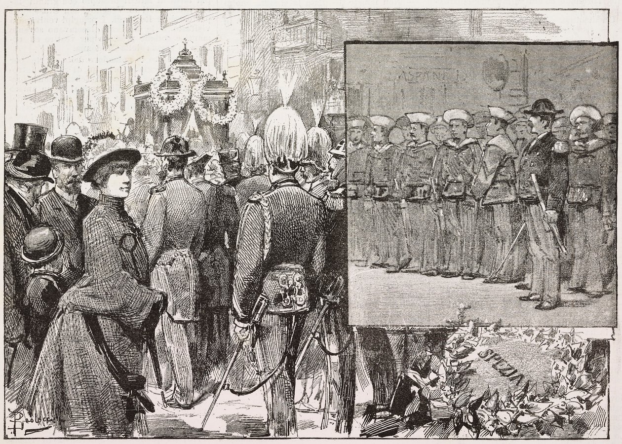 Funeral of Admiral Luigi Buglione di Monale (1821-1884), Rome, Italy, Engraving from Drawing by Dante Paolocci, from L