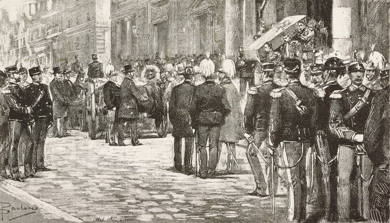Politicians and officers attending funeral procession of Luigi Mezzacapo, Italian politician and officer, Rome, Italy, engraving from drawing by Dante Paolocci by Dante Paolocci
