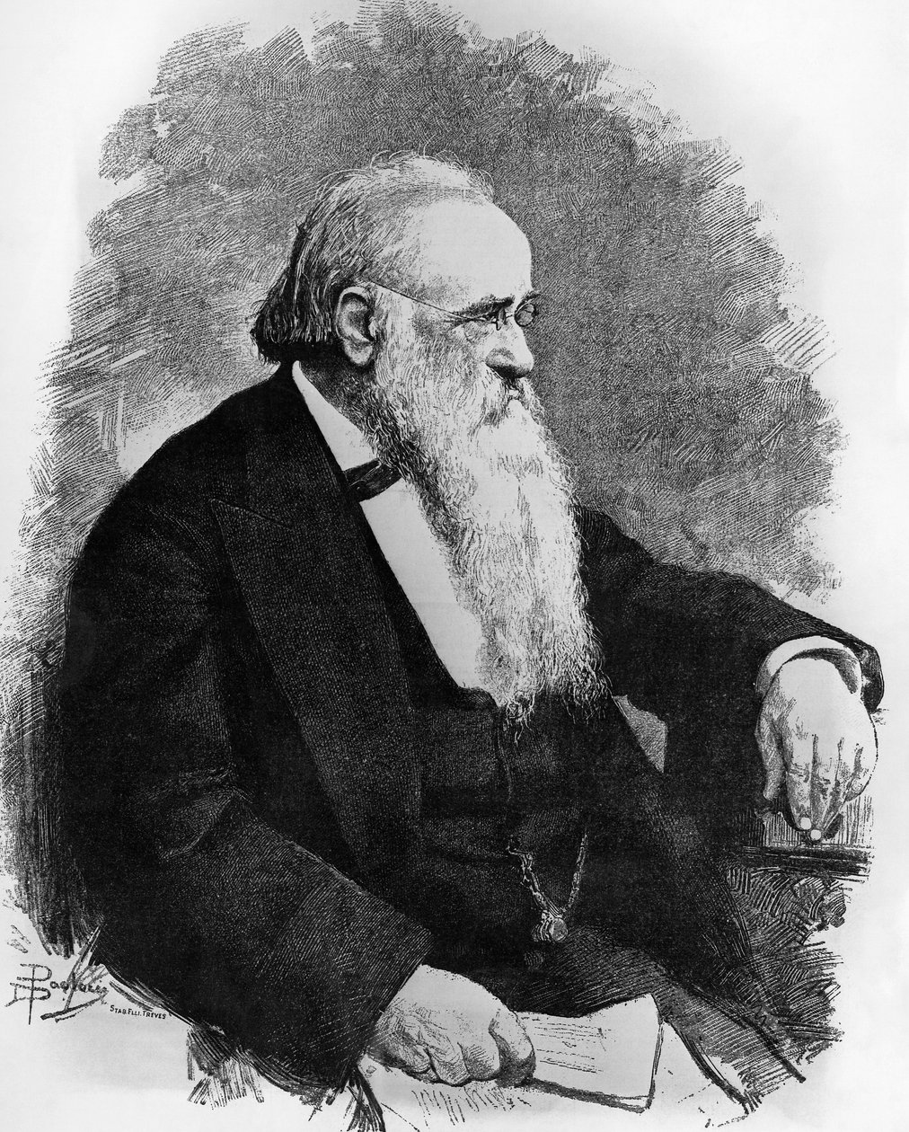 Portrait of Agostino Depretis, Italian Statesman, drawing by Dante Paolocci, engraving from L