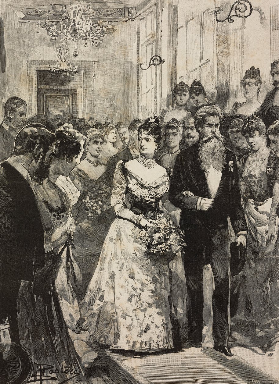 Queen Margherita of Savoy at party of Artistic Club of Rome, accompanied by sculptor Giulio Monteverde, Italy, engraving after drawing by Dante Paolocci, from L