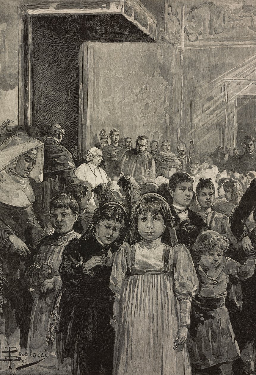 Reception of children at jubilee celebrations of Pope Leo XIII, Vatican (engraving) by Dante Paolocci