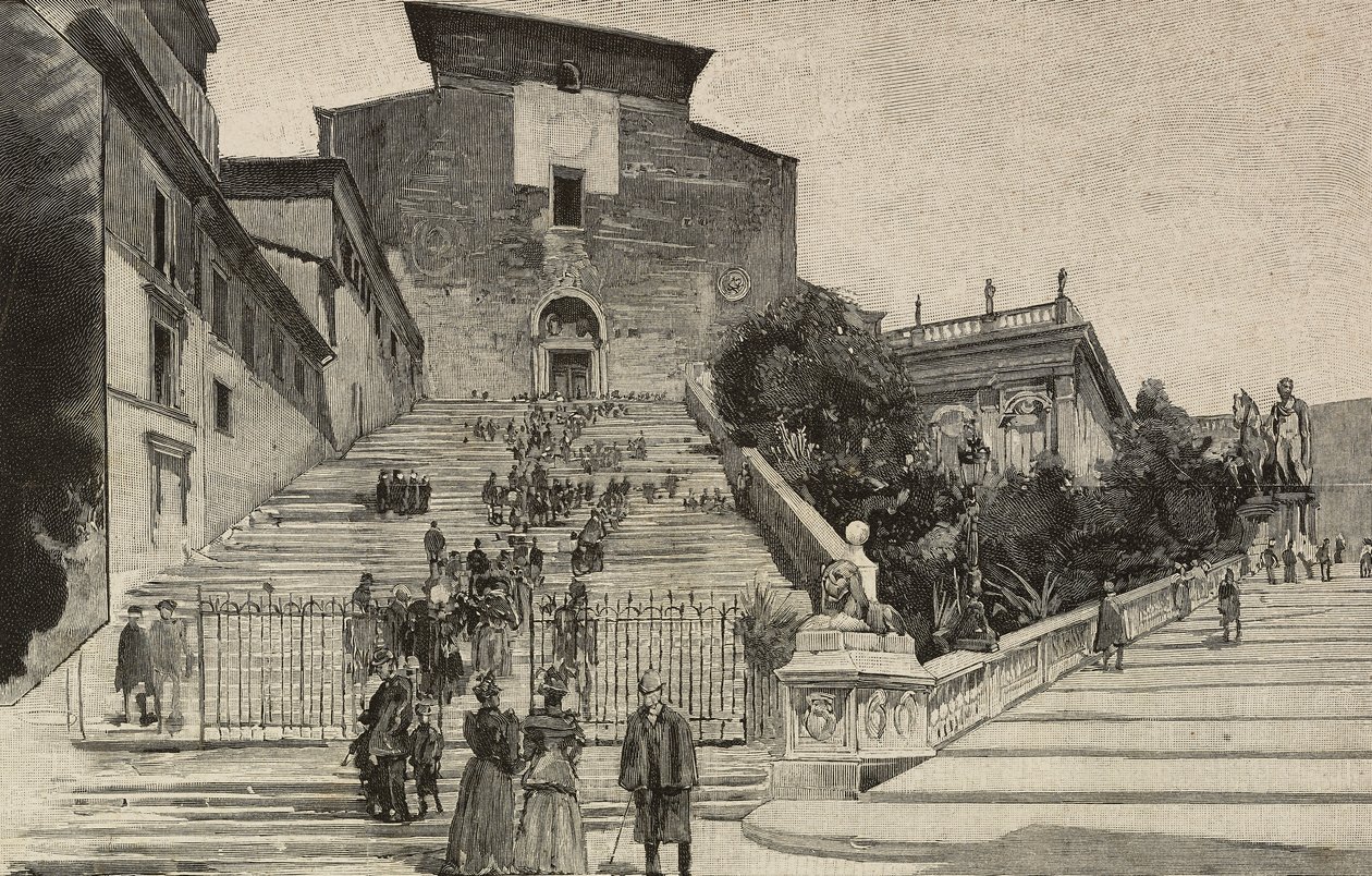 View of Basilica of Santa Maria in Aracoeli, Rome, Italy, engraving after drawing by Dante Paolocci, from L