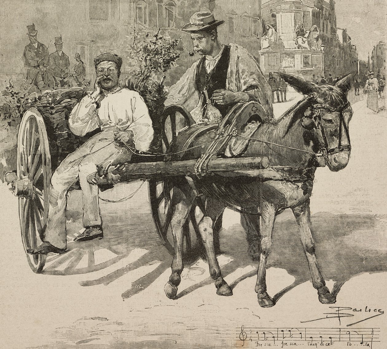 Water vendor selling water from Acetosa fountain in streets of Rome, Italy, engraving after drawing by Dante Paolocci, from L