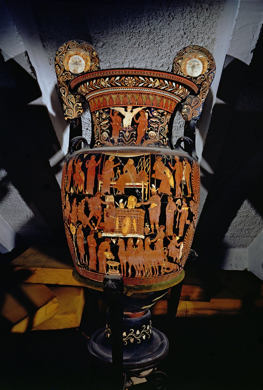 Apulian red-figure volute-crater decorated with a scene of the sacrifice of Trojan prisoners by Achilles at the funeral of Patroclus, Greek, from Canosa, 4th century BC by Darius Painter