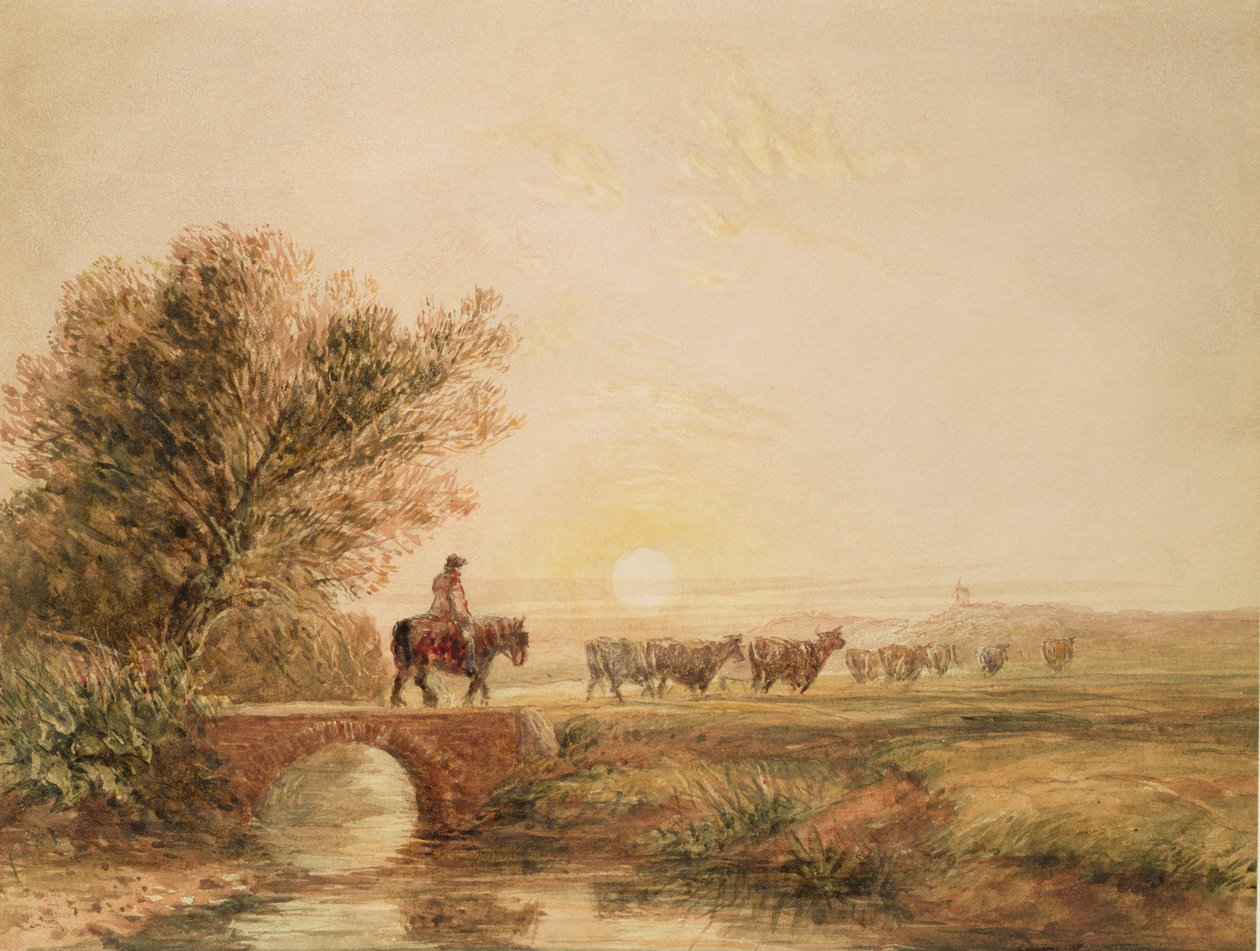 A Mounted Drover with Cattle Crossing a Bridge at Sunset by David Cox