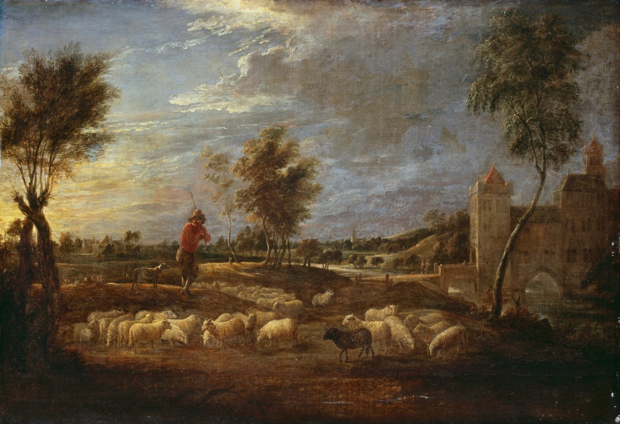 Sunset Landscape with a Shepherd and His Flock by David Teniers the Younger